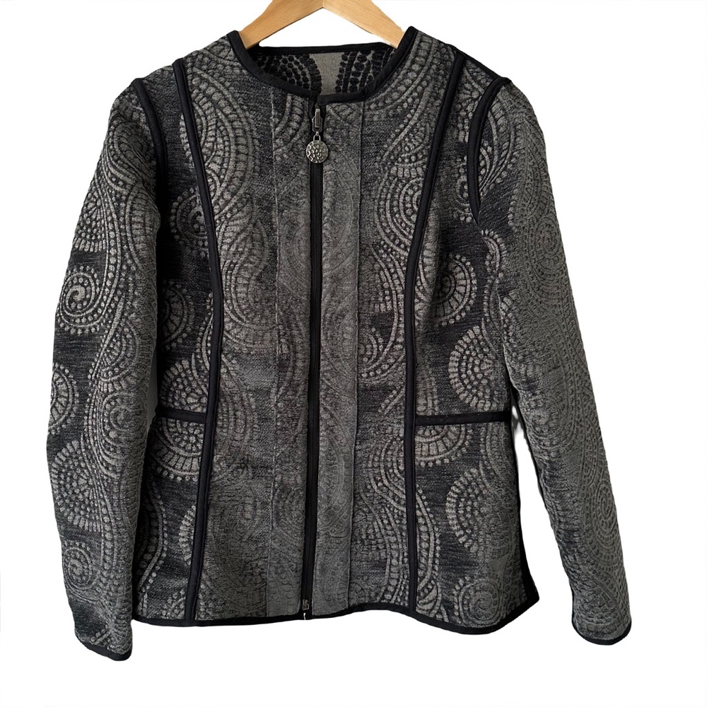 Trimdin Charcoal Velvet Jacquard Floral Print Reversible Zip Jacket Size…